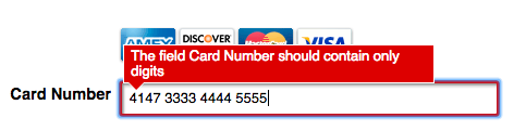 validation error showing 'the Credit Card Number can include only digits' for entry with digits and spaces