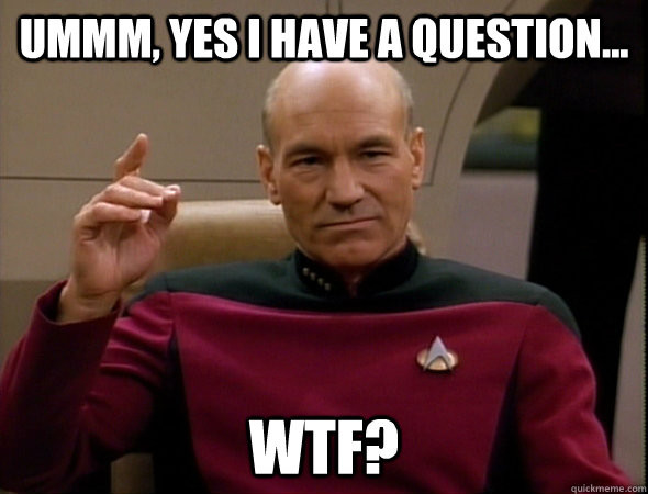 Meme image of Captain Picard with text 'Ummm, yes I have a question... WTF?'